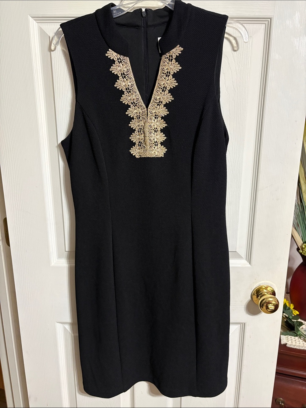 Sleeveless Black Midi Dress with Gold Lace Trim